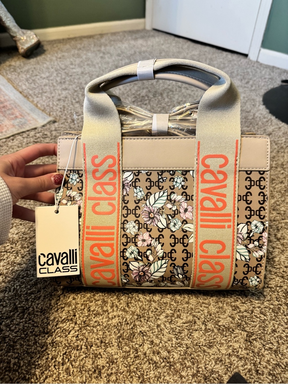 Cavalli Class Beige Floral Logo Satchel with Coral Accent Straps